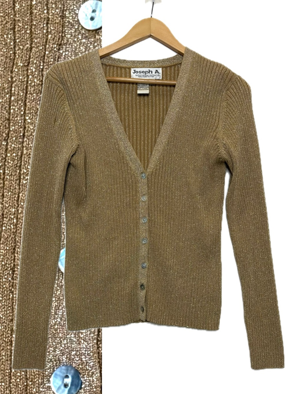 VTG Joseph A Gold Metallic Ribbed Knit Button Down Sweater Cardigan Size Large